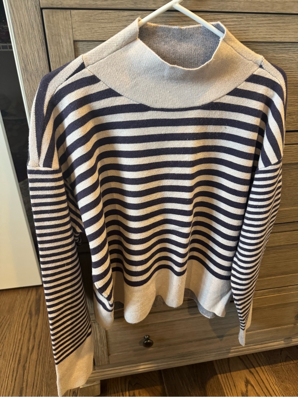 Maeve Navy and Cream Striped Cowl-Neck Sweater